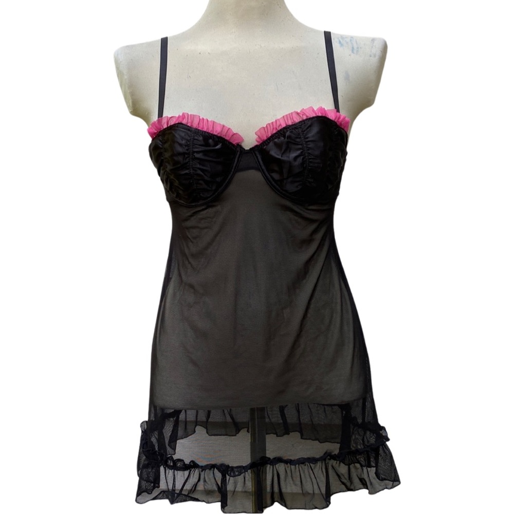 Y2K Vintage Slip Black & Pink Ruffled Sheer Underwire Push-up Chemise Babydoll